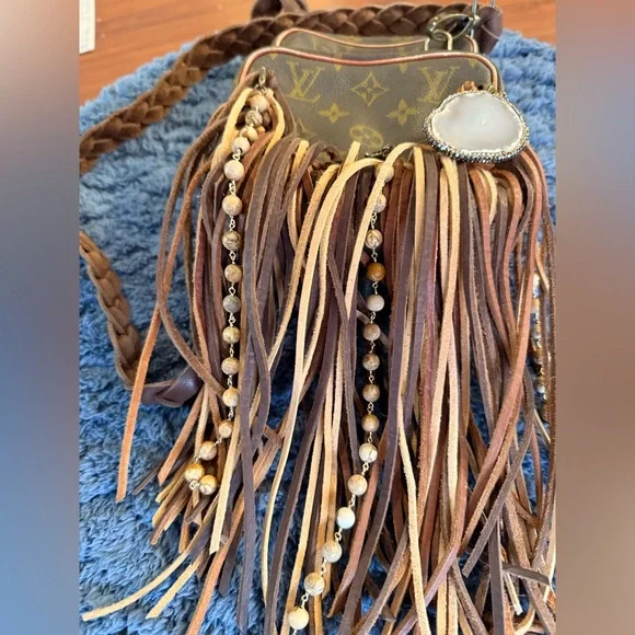 (VintageBoho Bag)Louis Vuitton Monogram Fringe Crossbody with Bead & Stone Charm - Picture 5 of 12
